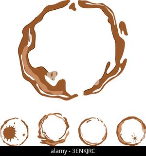 Coffee cup stains creating brown rings, drips and splatters on a clean white background, a collection of beverage marks and grunge textures for design Stock Vector