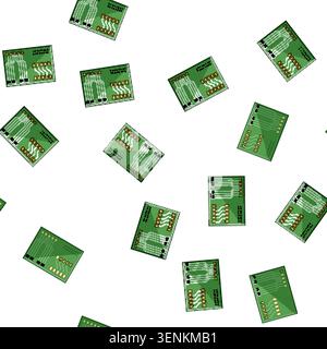pattern microcontroller circuit board cartoon. soldering resistor, capacitor transistor, trace layout microcontroller circuit board sign vector Stock Vector