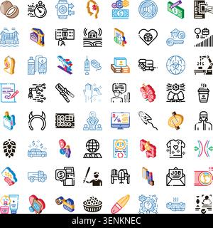 Collection of conceptual and descriptive isometric icons illustrating various themes including business, technology, medical, sports activity, finance Stock Vector