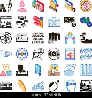 Assorted vector pictogram icons and symbols illustrating a diverse range of concepts including transportation, nature, industry, finance, events, and Stock Vector