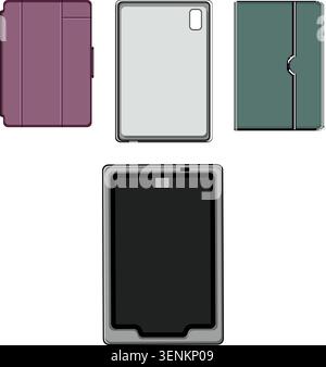 Electronic tablet device with a blank screen on a white background, displaying multiple protective cases in various colors and designs, providing opti Stock Vector