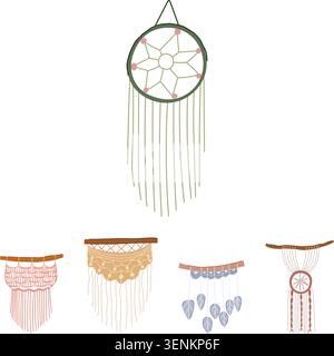 Boho home decor elements, including various macrame wall hangings and a dreamcatcher illustration, offering a stylish touch for interior design concep Stock Vector