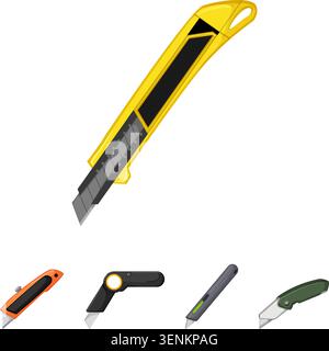 Various hand tools presented as a set of utility cutters, box cutters, and craft knives, essential items for cutting tasks in diy, office, and worksho Stock Vector