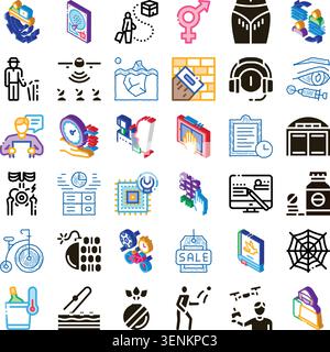 Colorful isometric line art icon set on white background illustrating business. Technology. Healthcare. Construction. Travel. Time management. Finance Stock Vector