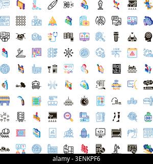Large collection of colorful isometric 3d web icons and pictograms exploring various concepts including business, technology, health, data, transport, Stock Vector