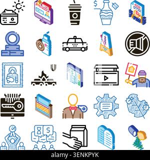 Set of assorted isometric and line art icons illustrating various themes including online services, delivery, finance, healthcare, transportation, and Stock Vector