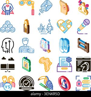 Diverse set of isometric and contour icons representing technology, nature, finance, human activities and abstract concepts on a clean white backgroun Stock Vector