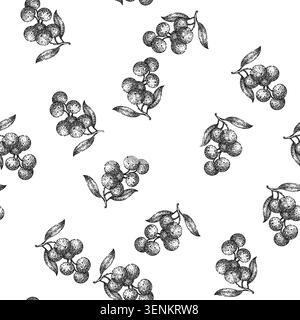 seamless pattern fresh longan fruit hand drawn. nature plant, tropical thailand, natural yellow fresh longan fruit black sketch illustration Stock Vector