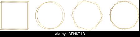 Set of golden double square, round, hexagon and octagon frames isolated on white background. Shiny geometric borders. Design elements for banners, greeting or wedding cards. Vector illustration. Stock Vector