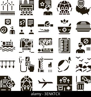 Collection of glyph icons illustrating various global concerns, environmental challenges, health topics, technological advancements, and societal matt Stock Vector