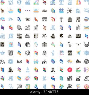 Set of diverse vector icons illustrating technology, communication, medicine, transportation, and other miscellaneous elements for digital application Stock Vector