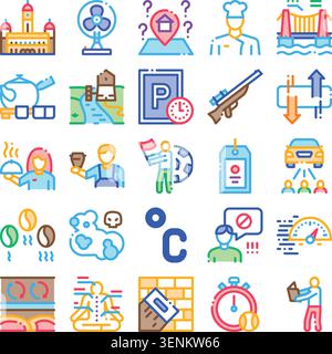 Set of colorful line icons representing a diverse range of concepts including travel, professions, hobbies, and everyday activities, ideal for web and Stock Vector