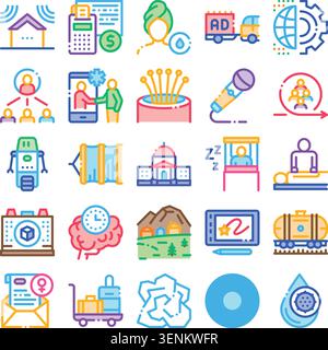 Set of colorful linear icons illustrating diverse themes including smart home control, digital finance, advertising, global connectivity, healthcare, Stock Vector