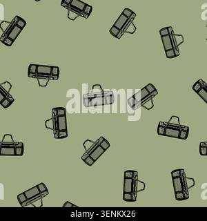 seamless pattern Green duffel bag providing a versatile carry solution for travel, sports, gym, or everyday essentials, featuring a cylindrical shape Stock Vector