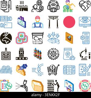 Collection of line and isometric icons illustrating various concepts including food production, medical, technology, manufacturing, and global commerc Stock Vector