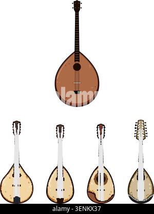 Multiple stringed musical instruments featured in a flat vector design, illustrating a variety of acoustic folk instruments used for playing different Stock Vector