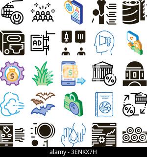 Set of assorted glyph, linear, and isometric icons encompassing themes like financial transactions, digital marketing, healthcare, nature, sports, env Stock Vector