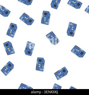 pattern semiconductor microcontroller cartoon. processor microchip, arduino abstract, pcb motherboard semiconductor microcontroller sign. seamless sym Stock Vector