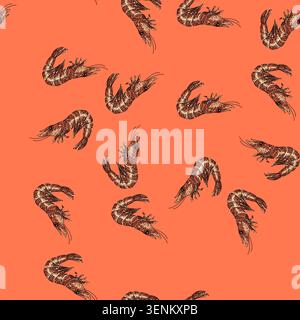 pattern shrimp king tiger hand drawn vector. prawn fresh pink meat, sea red shellfish shrimp king tiger sketch illustration Stock Vector