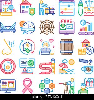Collection of color line icons covering various essential concepts including law, technology, health, data, business, property, leisure activities, an Stock Vector