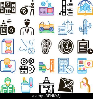 Visualizing a diverse set of filled line icons representing a wide range of concepts including business, technology, environment, health, and daily li Stock Vector