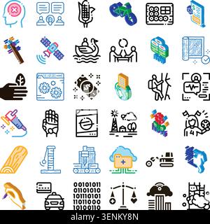 Collection of various colorful and black line icons illustrating concepts related to modern technology, global business, science, industry processes, Stock Vector