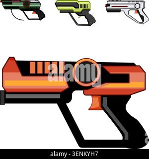 Stylized laser tag blasters in vibrant futuristic colors and sleek designs, perfect for arcade play, kids' parties, sci fi adventures, gaming arenas a Stock Vector