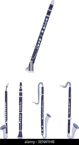 Different types of woodwind instruments, including various clarinets and saxophones, displayed on a simple white background, representing music educat Stock Vector