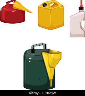 Different types of fuel containers and auxiliary funnels providing safe storage and transfer solutions for gasoline, oil, and other automotive or indu Stock Vector