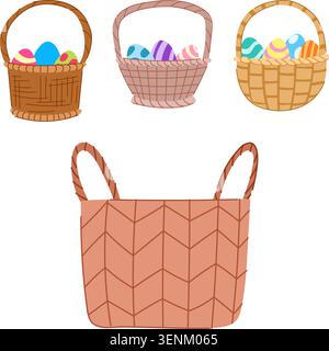 Colorful hand painted and dyed easter eggs arranged in woven baskets, celebrating spring traditions and festive decoration, isolated on a clean white Stock Vector