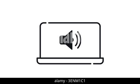 Laptop audio and sound icon: portable notebook computer displaying speaker volume active symbol on screen, minimalist black line art vector illustrati Stock Vector