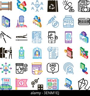 Collection of various modern isometric line icons and symbols representing concepts such as finance, health, technology, society, business, and daily Stock Vector