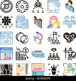 Diverse icons illustrating abstract concepts ranging from business strategy, social issues, and technology to justice, finance, and community support Stock Vector