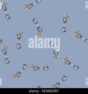 pattern Vintage hand crank egg beater line art showing rotary whisk and gears, retro kitchen utensil for whipping, mixing and baking antique mechanica Stock Vector