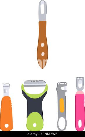 Collection of colorful kitchen gadgets including fruit peelers, citrus zesters, and graters, highlighting various essential cooking and baking utensil Stock Vector