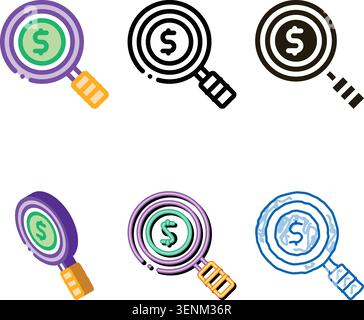 Dollar Sign minimal In Magnifier Glass Center Vector Icon Thin Line. Money On Smartphone Display And Magnifier, Web Site Financial Stock Vector