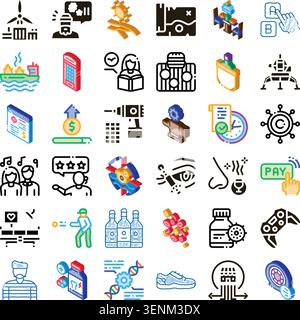Collection of glyph pictograms illustrates various concepts across industry, science, finance, technology, and health, depicting a wide range of activ Stock Vector