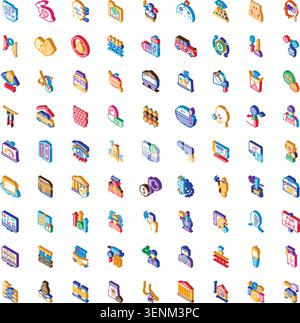 Large isometric grid of business, finance, marketing, technology and healthcare icons on white background, showing digital, data, management and commu Stock Vector
