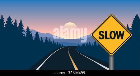 slow traffic sign in wilderness forest mountain landscape vector illustration Stock Vector