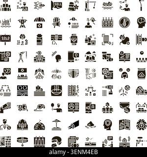 Large collection of diverse business and service related black glyph icons on a clean white background, illustrating various concepts, professions, an Stock Vector