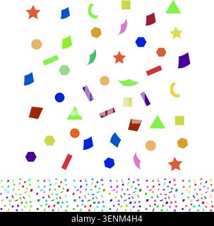 Brightly colored confetti pieces in various geometric shapes like stars, circles, and triangles scattering on a white background, creating a cheerful Stock Vector