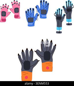 Array of high tech haptic gloves in various futuristic designs for virtual reality, gaming and immersive arvr interaction, showcasing sensors, wires a Stock Vector