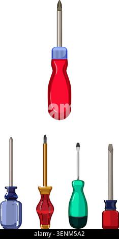 Colorful screwdrivers representing hand tools, renovation, repair, and assembly concepts, essential items for craftsmen, builders, and construction pr Stock Vector