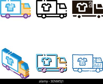 Laundry Service Delivery Vector Thin Line Icon. Truck Cargo Laundry Service, Washing Clothes Dress Linear minimal Pictogram. Laundromat, Dry-Cleaning, Stock Vector