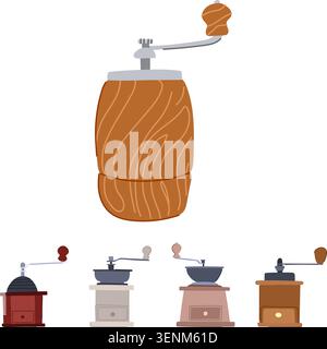Collection of vintage style manual coffee grinders in wood, ceramic and metal, classic hand mills for grinding fresh beans, ideal for rustic kitchen, Stock Vector