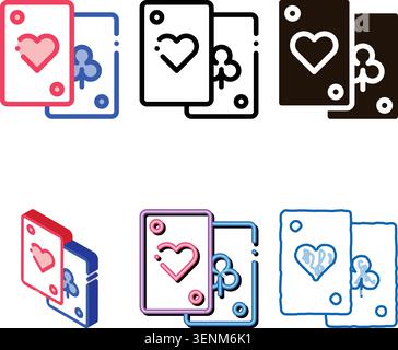 Game Element Cards Vector Thin Line Sign set Icon. Detail Of Table Or Adult Gamble Game Pocker, Playing Gaming Items Figure Pieces Linear Pictogram. J Stock Vector