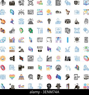 Large grid of colorful isometric and flat icons representing global business, logistics, transport, technology, health, education, communication and d Stock Vector
