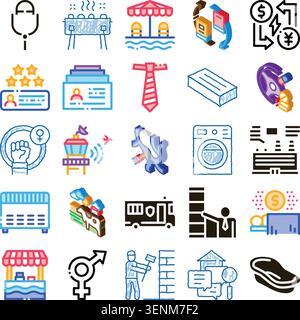 Colorful isometric and outline flat icons set depicting business, finance, lifestyle, travel and social themes  activities, services, communication, t Stock Vector