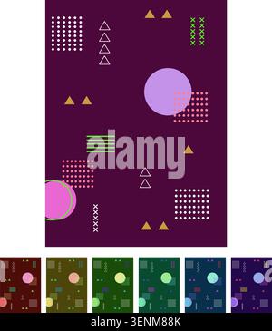 Abstract background featuring a dynamic composition of colorful geometric shapes including circles, triangles, and dotted patterns on a dark purple su Stock Vector