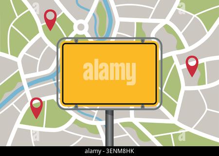 blank road sing on street map background with location pins vector illustration Stock Vector